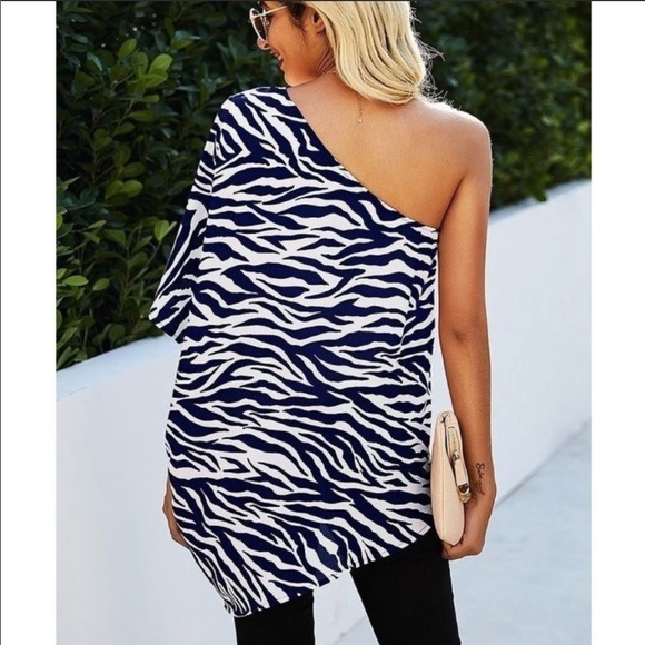 Navy💙White Zebra print one shoulder top4occasions - Picture 5 of 5